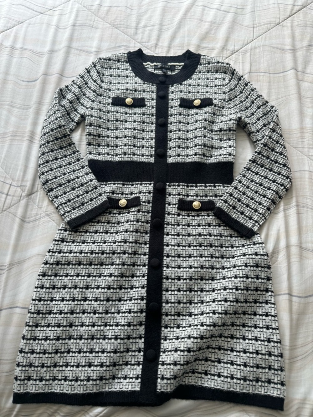 Ellen Tracy Black and White Tweed Long-Sleeve Dress